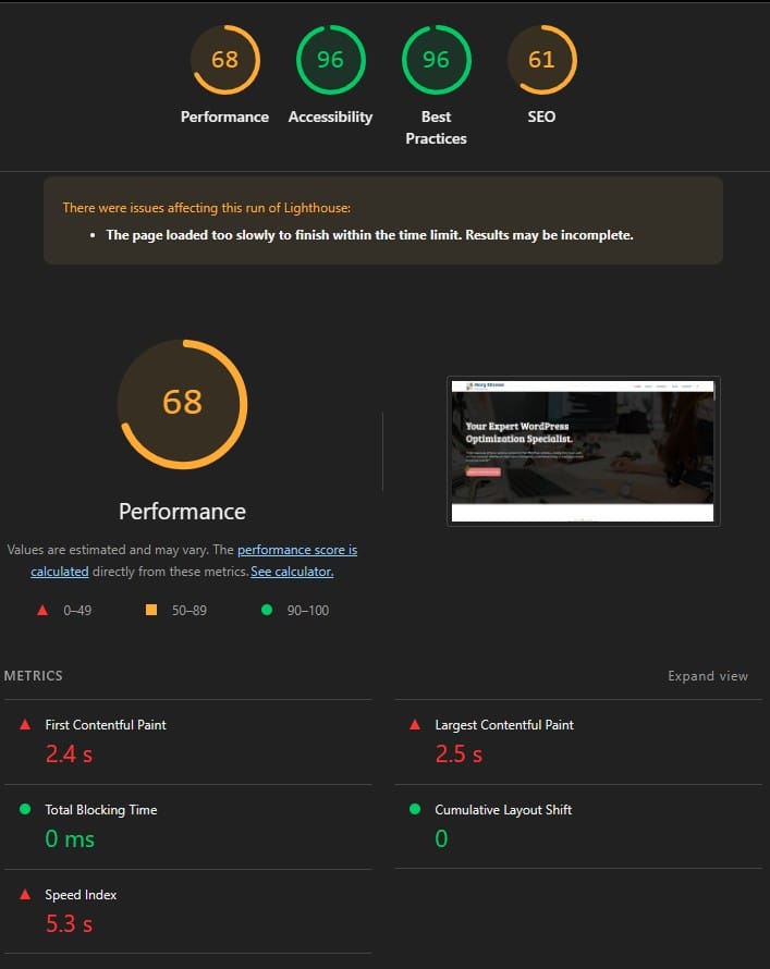 mary eltresse wordpress optimization specialist lighthouse performance score desktop before