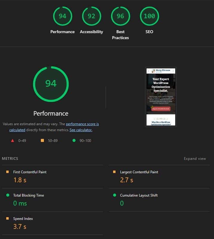 mary eltresse wordpress optimization specialist lighthouse performance score mobile after