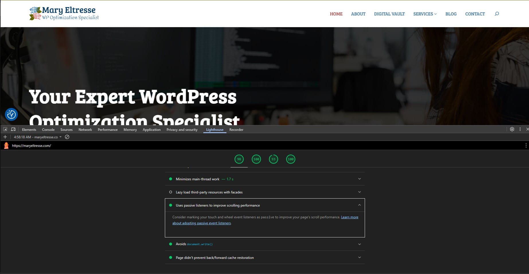 passed audit passive event listeners mary eltresse wordpress optimization specialist